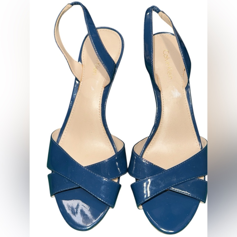 New Calvin Klein Sz 8 Navy Blue Heeled Leather Slingback Sexy Open Toe Sandals - Picture 4 of 6